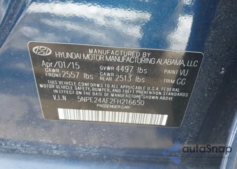 2015 Hyundai Sonata Se из США, поврежденный, VIN 5NPE24AF2FH216650